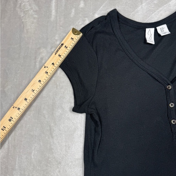 Joie Pima Cotton Blend Black Ribbed Henley Stretchy Short Sleeve Top Size M - Picture 5 of 12